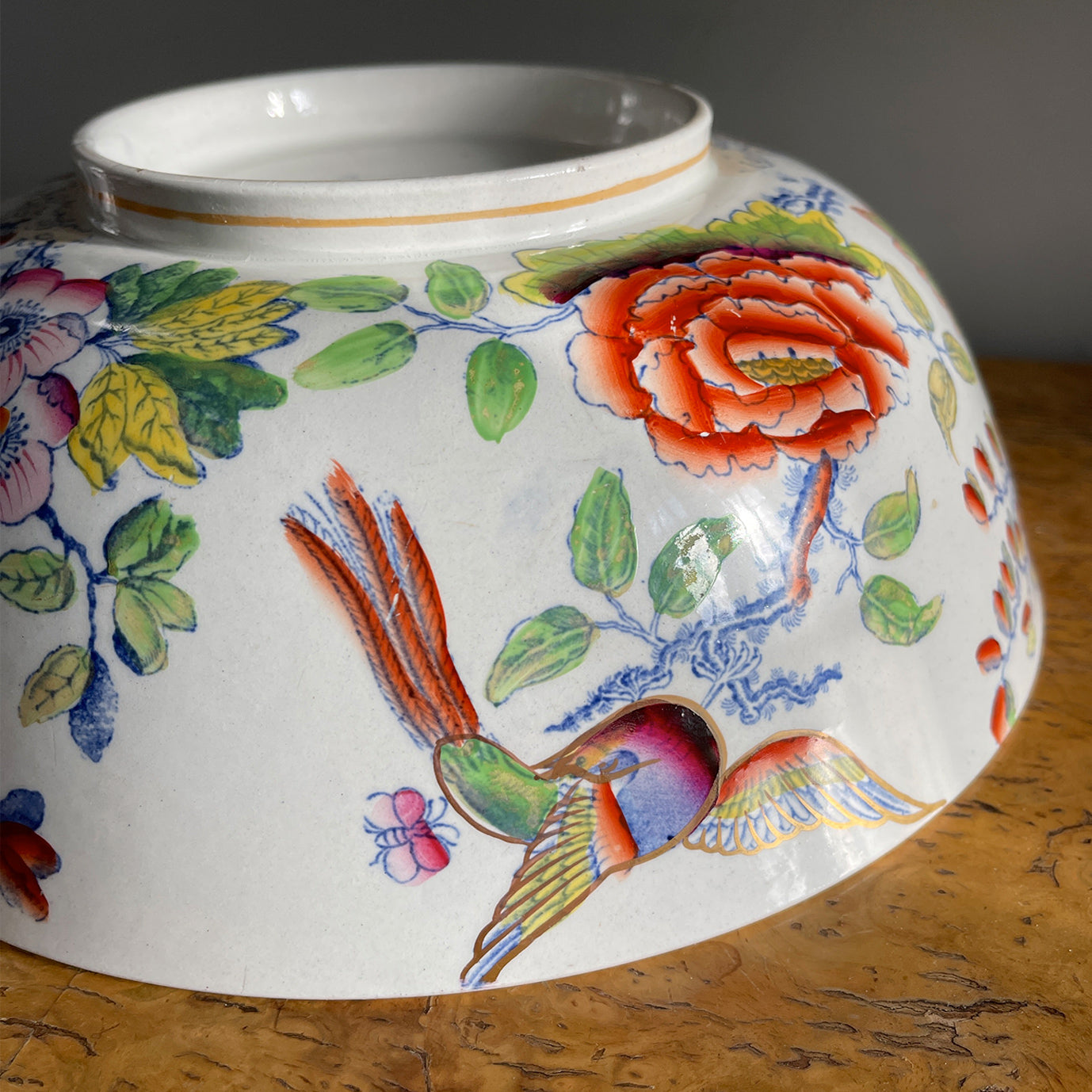 A brightly decorated Ironstone bowl in the Flying Bird pattern by the Mason's pottery. Covered in colourful flowers and pheasants, just lovely! - SHOP NOW - www.intovintage.co.uk