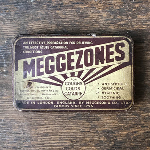 Vintage Meggezones Tin, Perfect for Coughs, Colds and Catarrh apparently! Great graphics and patina.   - SHOP NOW - www.intovintage.co.uk