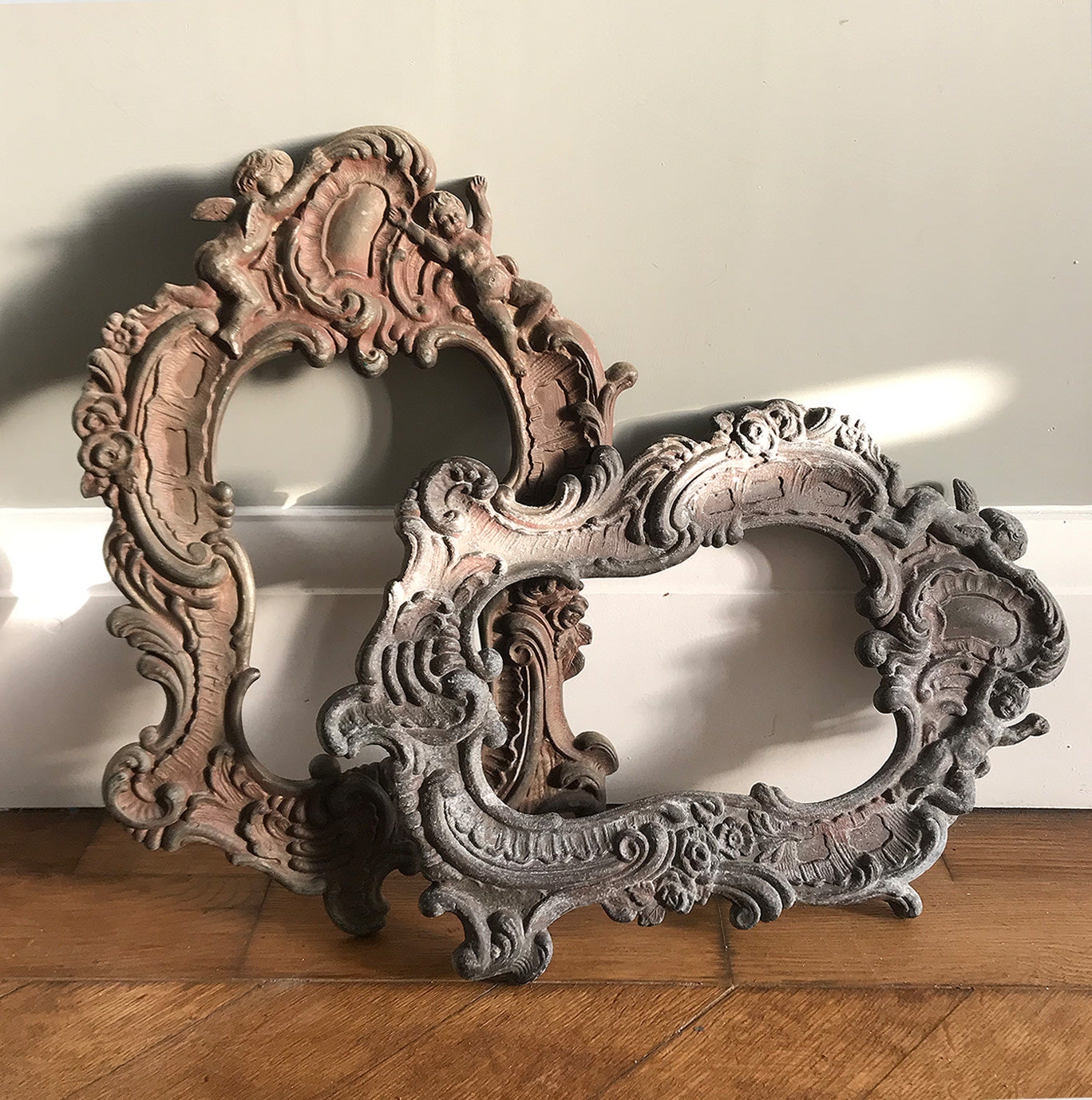 Lovely pair of Cast Metal Baroque Style Frames. Each frame has a couple of Cherubs at the top with flowing Baroque decoration around the rest of the frame - SHOP NOW - www.intovintage.co.uk