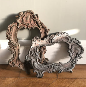 Lovely pair of Cast Metal Baroque Style Frames. Each frame has a couple of Cherubs at the top with flowing Baroque decoration around the rest of the frame - SHOP NOW - www.intovintage.co.uk