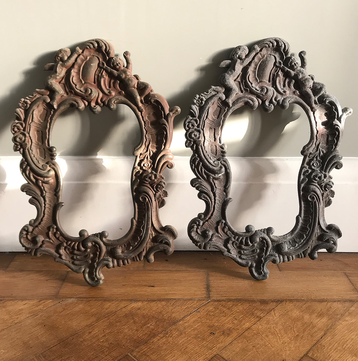 Lovely pair of Cast Metal Baroque Style Frames. Each frame has a couple of Cherubs at the top with flowing Baroque decoration around the rest of the frame - SHOP NOW - www.intovintage.co.uk