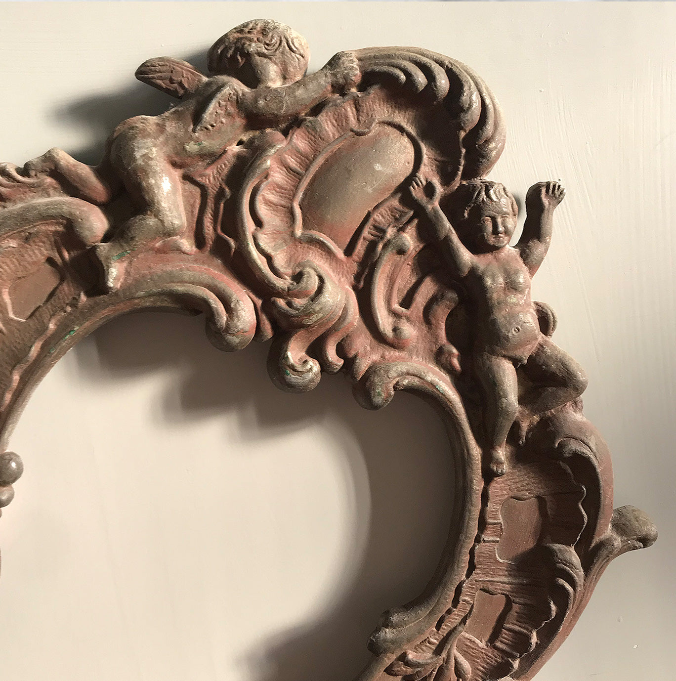 Lovely pair of Cast Metal Baroque Style Frames. Each frame has a couple of Cherubs at the top with flowing Baroque decoration around the rest of the frame - SHOP NOW - www.intovintage.co.uk
