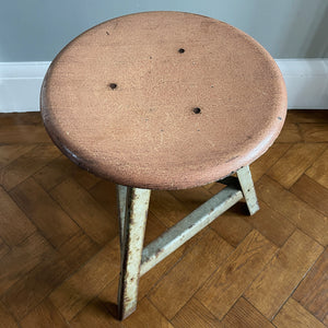 Good looking Vintage Metal and Wood Painted Stool. Great age related wear, patina and totally solid. The light green paint has worn and chipped away giving the stool that bang on look. The wooded seat section has its original painted wood graining paint and shows signs of years of workshop use and ware. A great looking stool that would compliment any setting. 