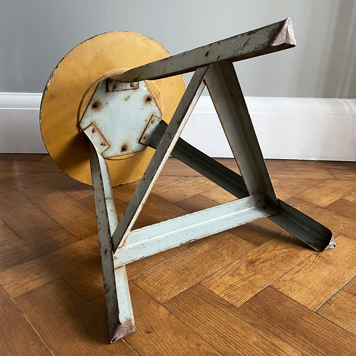 Good looking Vintage Metal and Wood Painted Stool. Great age related wear, patina and totally solid. The light green paint has worn and chipped away giving the stool that bang on look. The wooded seat section has its original painted wood graining paint and shows signs of years of workshop use and ware. A great looking stool that would compliment any setting. 