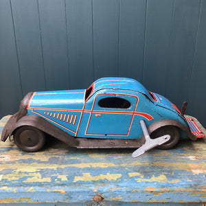 Rare large pre-war 1935 Marx clockwork tinplate LMC 217 Mechanical Coupé in the rare blue pinstripe finish. Marked 'Made in England' on the boot and still having its back running step. This model was made in the Marx Dudley factory - SHOP NOW - www.intovintage.co.uk