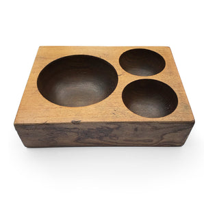 Antique Money Tray, made of solid oak, it has 3 deep bored bowls where money would have been kept. Used by shop keeps and market traders in the late 19th and early 20th century - SHOP NOW - www.intovintage.co.uk