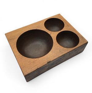Antique Money Tray, made of solid oak, it has 3 deep bored bowls where money would have been kept. Used by shop keeps and market traders in the late 19th and early 20th century - SHOP NOW - www.intovintage.co.uk