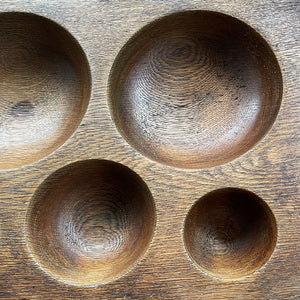 Antique Money Tray, made of solid oak, it has 3 deep bored bowls where money would have been kept. Used by shop keeps and market traders in the late 19th and early 20th century - SHOP NOW - www.intovintage.co.uk