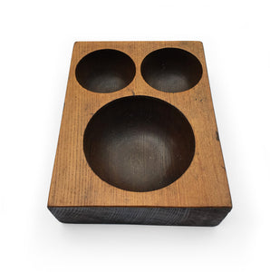 Antique Money Tray, made of solid oak, it has 3 deep bored bowls where money would have been kept. Used by shop keeps and market traders in the late 19th and early 20th century - SHOP NOW - www.intovintage.co.uk