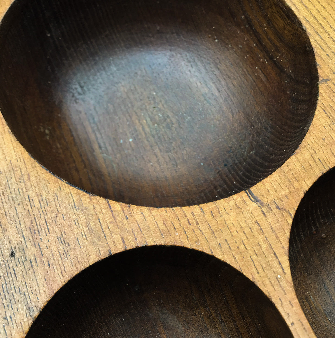 Antique Money Tray, made of solid oak, it has 3 deep bored bowls where money would have been kept. Used by shop keeps and market traders in the late 19th and early 20th century - SHOP NOW - www.intovintage.co.uk
