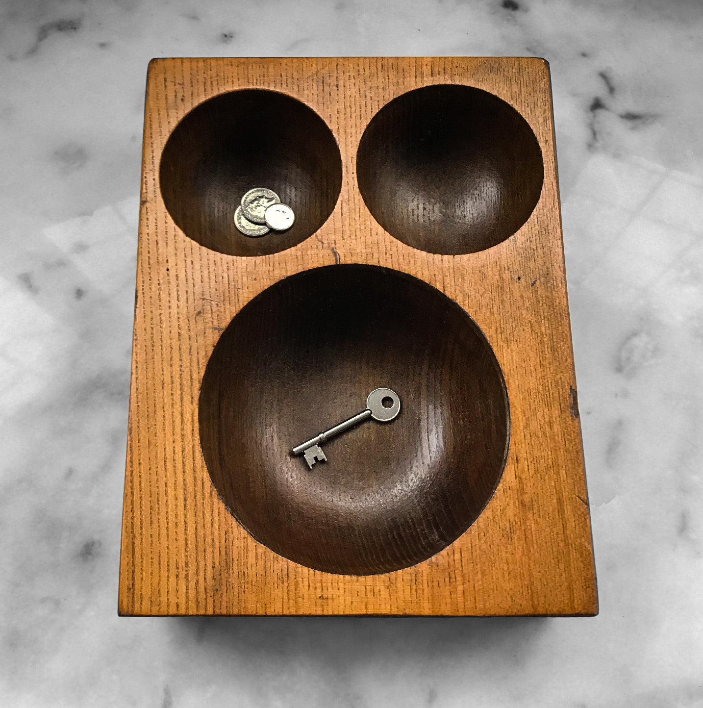 Antique Money Tray, made of solid oak, it has 3 deep bored bowls where money would have been kept. Used by shop keeps and market traders in the late 19th and early 20th century - SHOP NOW - www.intovintage.co.uk