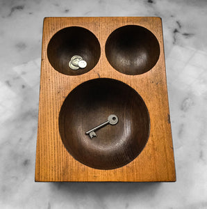 Antique Money Tray, made of solid oak, it has 3 deep bored bowls where money would have been kept. Used by shop keeps and market traders in the late 19th and early 20th century - SHOP NOW - www.intovintage.co.uk