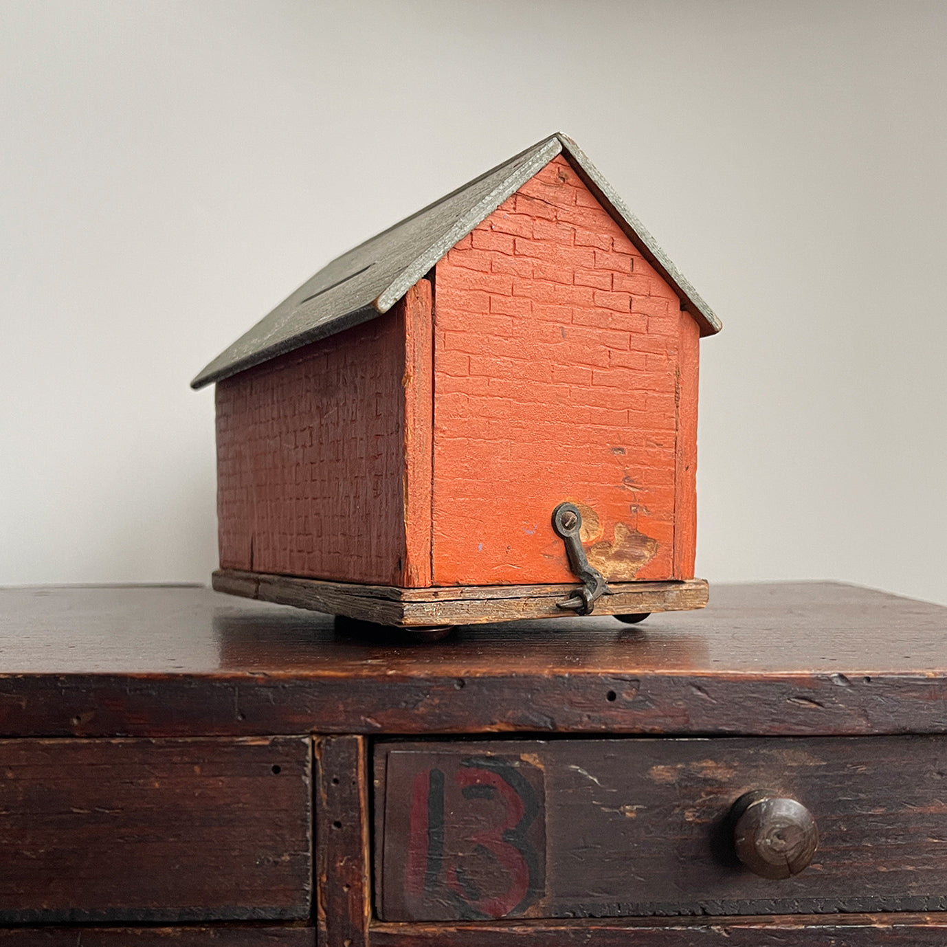 A delightful little naively scratch built Wooden Money Box - SHOP NOW - www.intovintage.co.uk