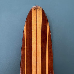 Uber cool vintage wooden mono water ski. It has a wonderful warm tone to the two tone wood. We have removed the old rubber footholds and given it a polish so that it can be seen in its full glory when mounted on the wall - SHOP NOW - www.intovintage.co.uk
