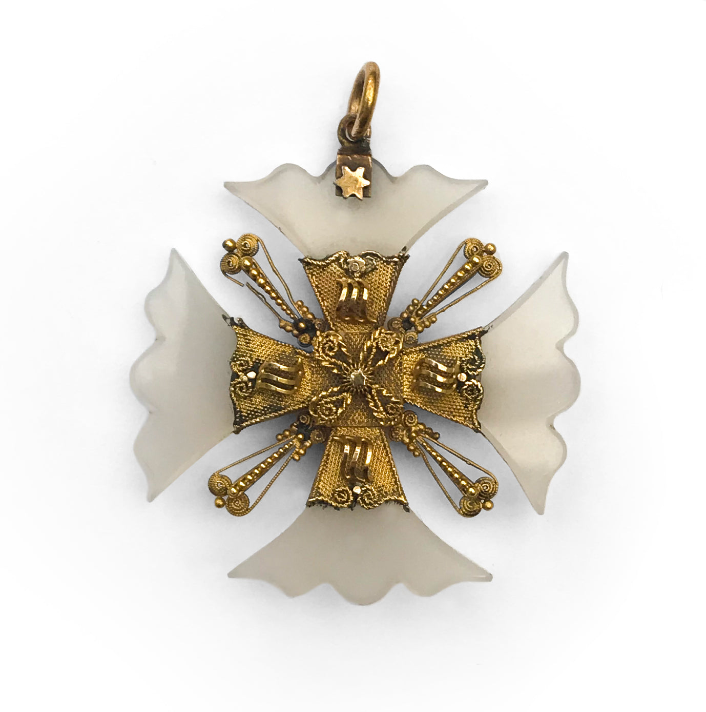 An absolutely beautiful vintage white opaque glass cross with golden filigree detail. Would look beautiful on a fine gold chain - SHOP NOW - www.intovintage.co.uk
