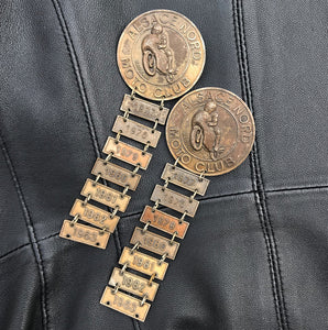 A pair of Vintage French, Alsace Nord Moto Club Medals. Nice age and patina to them and look great against leather - SHOP NOW - www.intovintage.co.uk