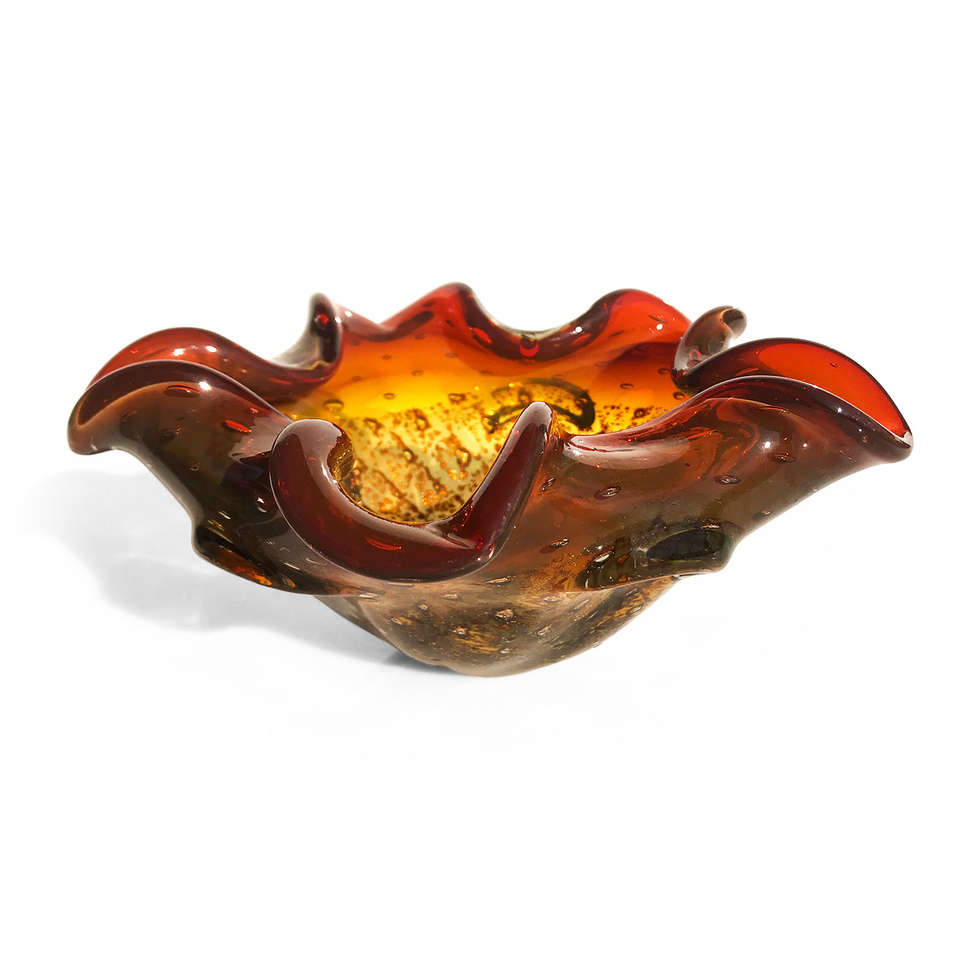 Murano Art Glass bowl, with a fantastic firey mix of colour. Deep oranges, yellows, browns & golden flecks swirl and sparkle in the light making this art bowl a real corker - SHOP NOW - www.intovintage.co.uk