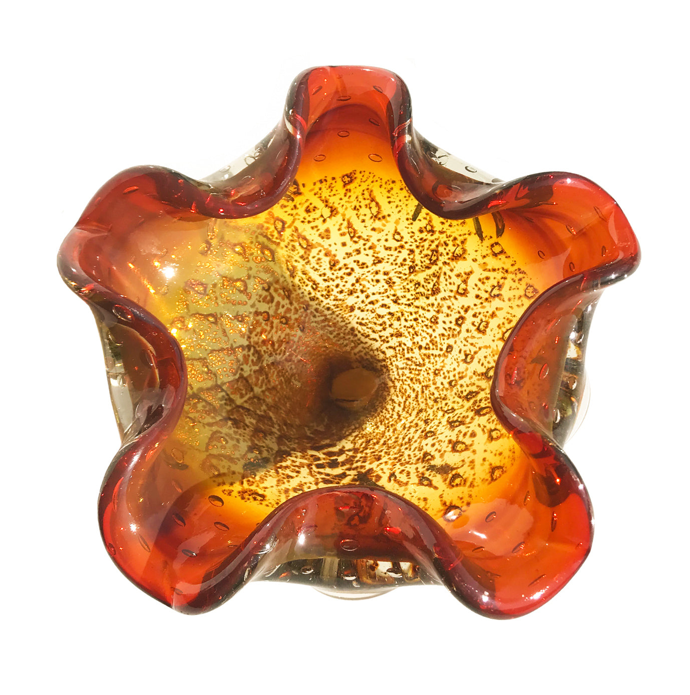 Murano Art Glass bowl, with a fantastic firey mix of colour. Deep oranges, yellows, browns & golden flecks swirl and sparkle in the light making this art bowl a real corker - SHOP NOW - www.intovintage.co.uk