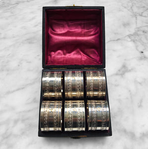 Nice set of 6 Edwardian Napkin Rings in a leather and satin case. Each ring is numbered from 1 to 6. Unmarked but probably silver plated - SHOP NOW - www.intovintage.co.uk