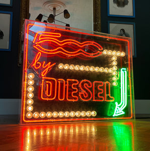 Cool large neon sign was commissioned by Fiat to support their collaboration with the Diesel jeans founder Renzo Rosso to celebrate Diesel's 30th birthday anniversary. The sign has a great combination of red and green neon with fairground style white lights - SHOP NOW - www.intovintage.co.uk