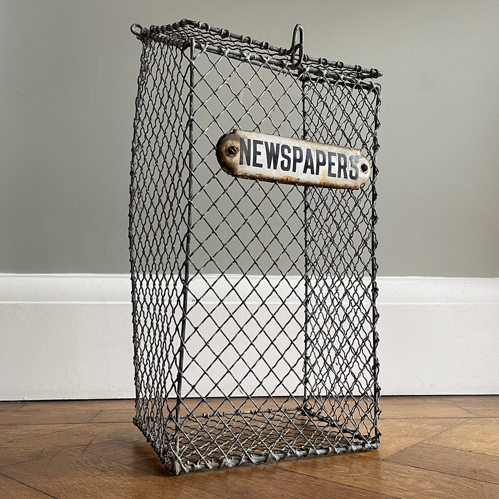 A vintage galvanised steel Newspaper Door Cage with enamel sign to the front. Never have to stoop down again to pick up the post! - SHOP NOW - www.intovintage.co.uk