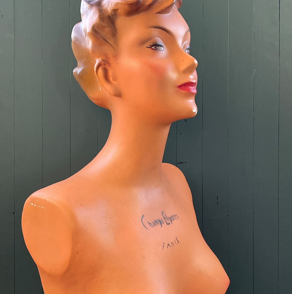 A Mid Century vintage French Nude Bust in hand painted Plaster, Stamped “Champs-Élysées”, By Siegel of Paris. These wonderful ladies were commissioned for French Commercial Advertising, modelling Hats, Jewellery and lingerie in Parisian department stores of the period - SHOP NOW - www.intovintage.co.uk