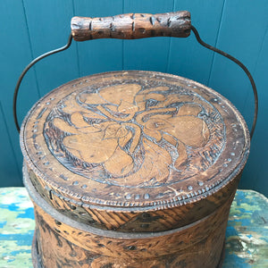 A beautiful early Nordic, carved and hot poker-worked wooden vessel with lid and handle. hand carved with peony and lily flowers and a stylised oak leaf patten on the bindings. would make an ideal biscuit barrel! - SHOP NOW - www.intovintage.co.uk