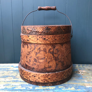 A beautiful early Nordic, carved and hot poker-worked wooden vessel with lid and handle. hand carved with peony and lily flowers and a stylised oak leaf patten on the bindings. would make an ideal biscuit barrel! - SHOP NOW - www.intovintage.co.uk