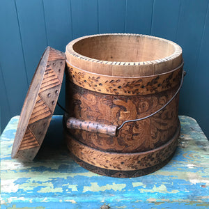 A beautiful early Nordic, carved and hot poker-worked wooden vessel with lid and handle. hand carved with peony and lily flowers and a stylised oak leaf patten on the bindings. would make an ideal biscuit barrel! - SHOP NOW - www.intovintage.co.uk