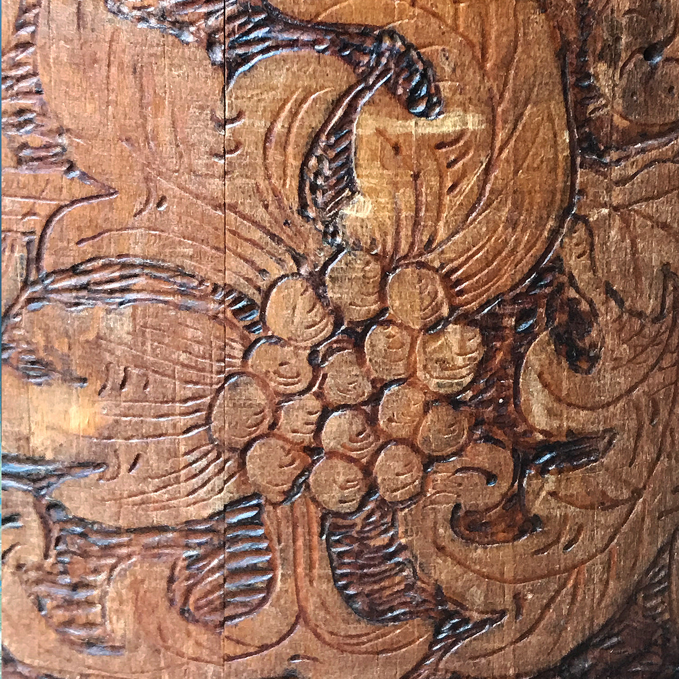A beautiful early Nordic, carved and hot poker-worked wooden vessel with lid and handle. hand carved with peony and lily flowers and a stylised oak leaf patten on the bindings. would make an ideal biscuit barrel! - SHOP NOW - www.intovintage.co.uk