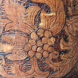 A beautiful early Nordic, carved and hot poker-worked wooden vessel with lid and handle. hand carved with peony and lily flowers and a stylised oak leaf patten on the bindings. would make an ideal biscuit barrel! - SHOP NOW - www.intovintage.co.uk
