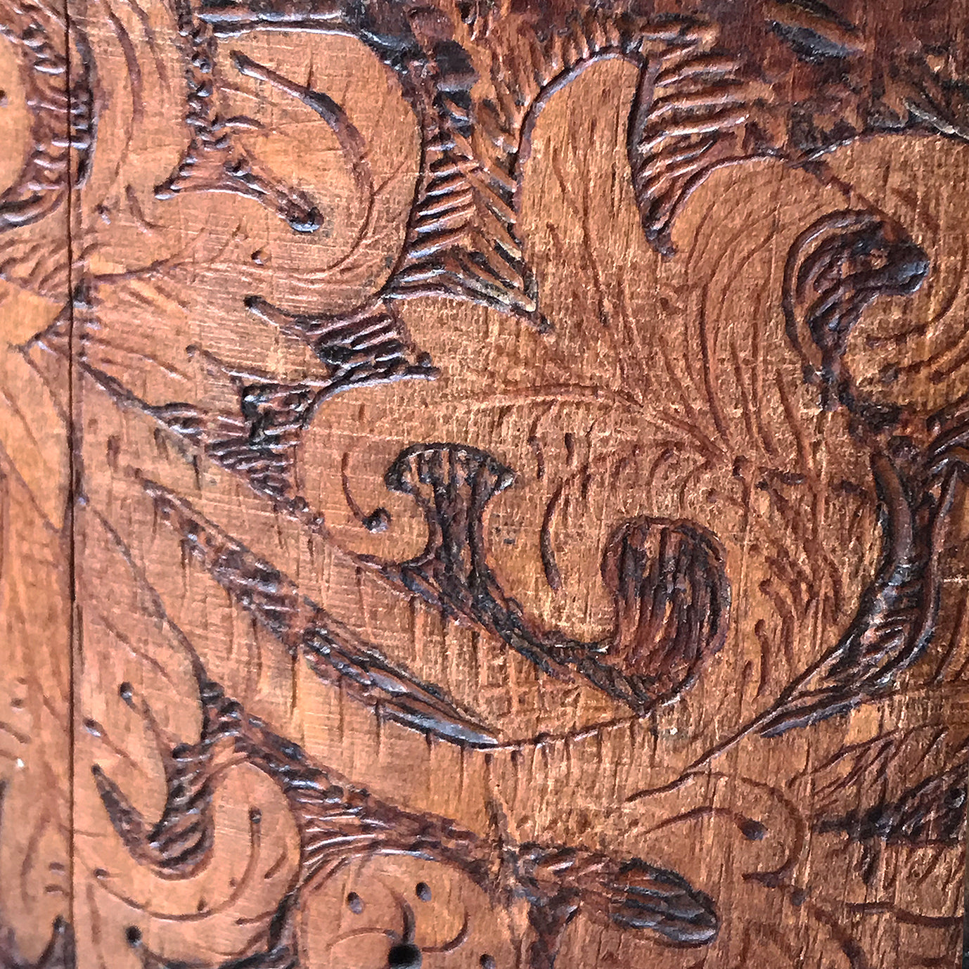 A beautiful early Nordic, carved and hot poker-worked wooden vessel with lid and handle. hand carved with peony and lily flowers and a stylised oak leaf patten on the bindings. would make an ideal biscuit barrel! - SHOP NOW - www.intovintage.co.uk