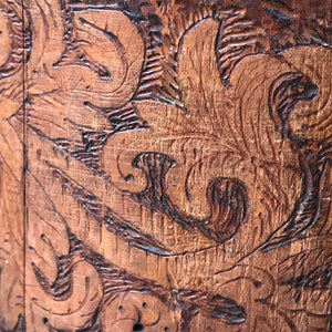 A beautiful early Nordic, carved and hot poker-worked wooden vessel with lid and handle. hand carved with peony and lily flowers and a stylised oak leaf patten on the bindings. would make an ideal biscuit barrel! - SHOP NOW - www.intovintage.co.uk