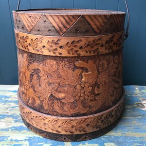 A beautiful early Nordic, carved and hot poker-worked wooden vessel with lid and handle. hand carved with peony and lily flowers and a stylised oak leaf patten on the bindings. would make an ideal biscuit barrel! - SHOP NOW - www.intovintage.co.uk