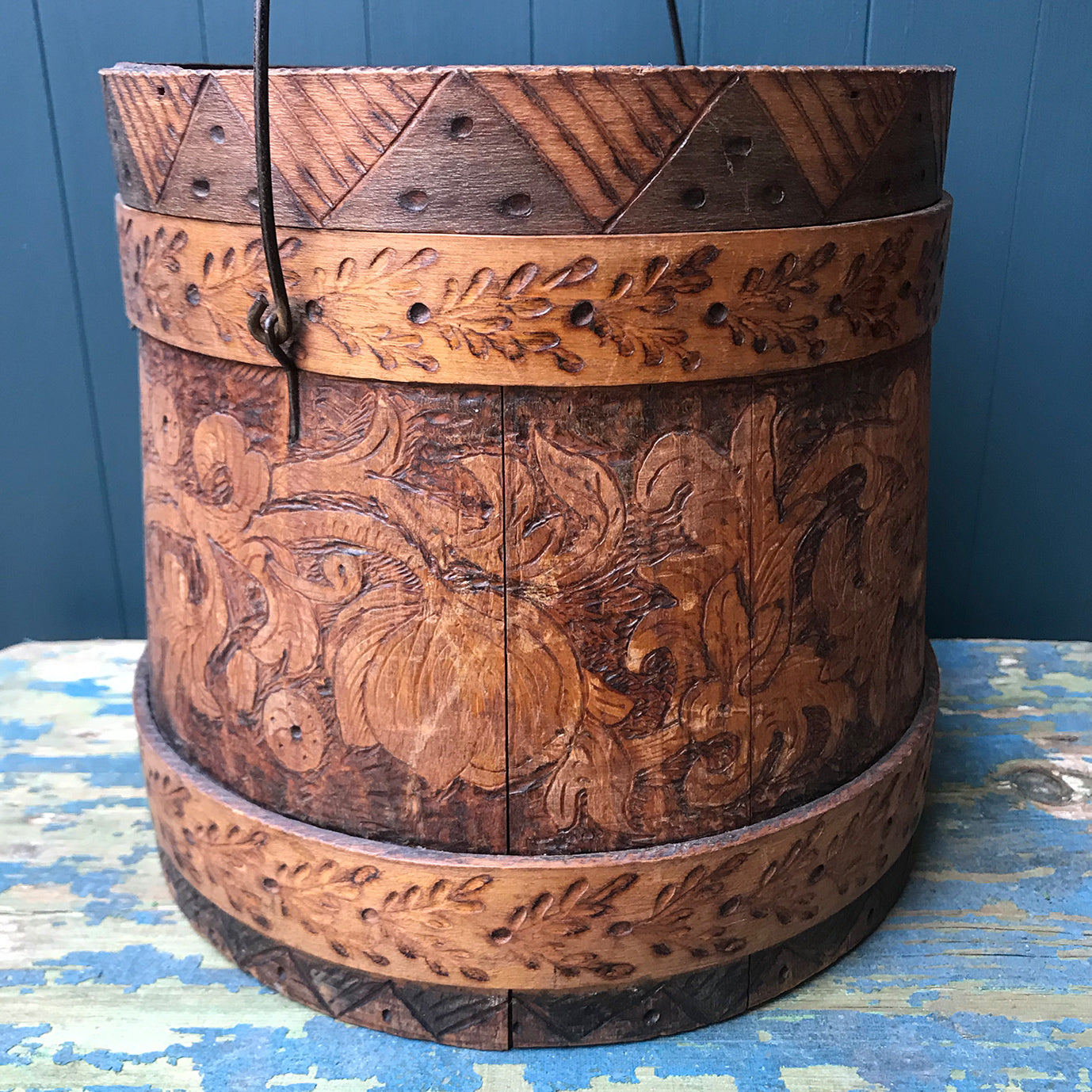 A beautiful early Nordic, carved and hot poker-worked wooden vessel with lid and handle. hand carved with peony and lily flowers and a stylised oak leaf patten on the bindings. would make an ideal biscuit barrel! - SHOP NOW - www.intovintage.co.uk