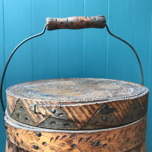 A beautiful early Nordic, carved and hot poker-worked wooden vessel with lid and handle. hand carved with peony and lily flowers and a stylised oak leaf patten on the bindings. would make an ideal biscuit barrel! - SHOP NOW - www.intovintage.co.uk