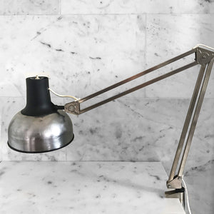 Smart Finish P12 Lival Lamp. Good clean example with a smart aluminium shade that locks into a black plastic bulb housing. The lamp has a clamp at its base that attaches to the side of your desk - SHOP NOW - www.intovintage.co.uk