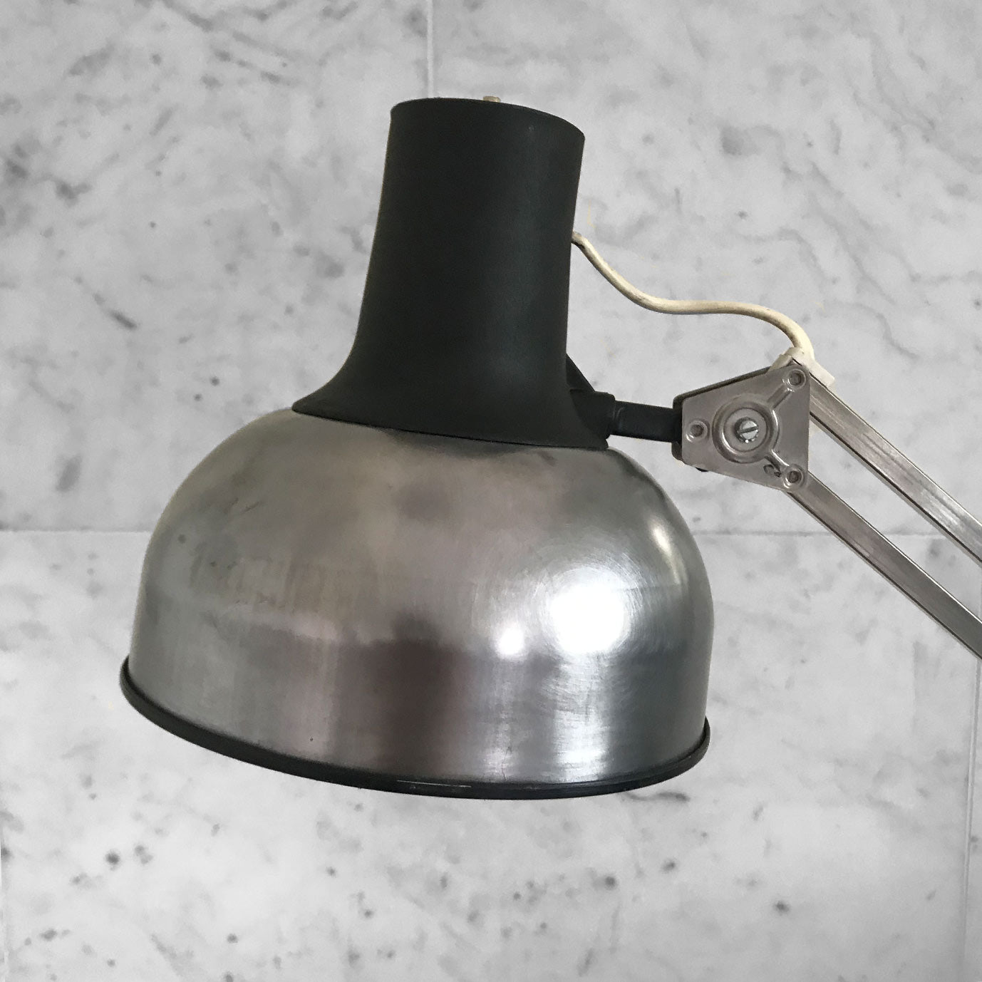 Smart Finish P12 Lival Lamp. Good clean example with a smart aluminium shade that locks into a black plastic bulb housing. The lamp has a clamp at its base that attaches to the side of your desk - SHOP NOW - www.intovintage.co.uk
