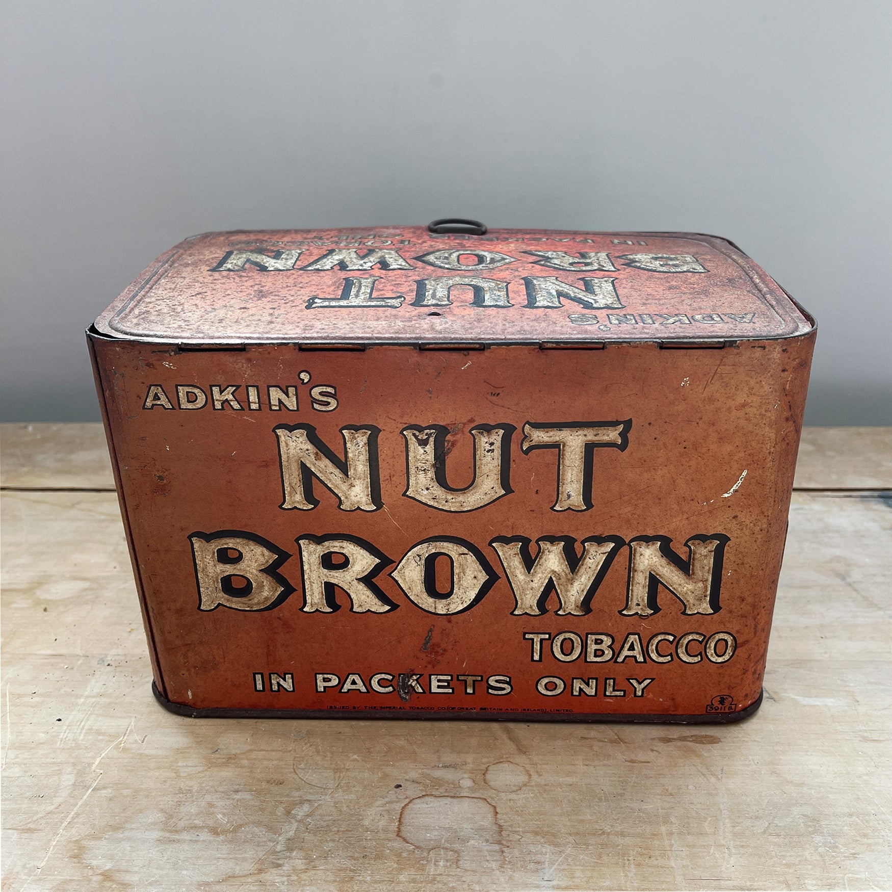 A large Adkin's Nut Brown Counter Top Shop Tin. Great de-bossed typography to the sides and top, whilst the inside lid sees black type - SHOP NOW - www.intovintage.co.uk