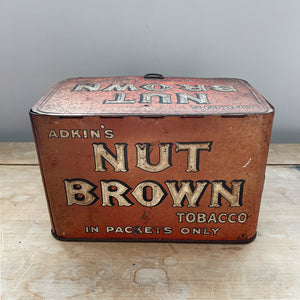 A large Adkin's Nut Brown Counter Top Shop Tin. Great de-bossed typography to the sides and top, whilst the inside lid sees black type - SHOP NOW - www.intovintage.co.uk
