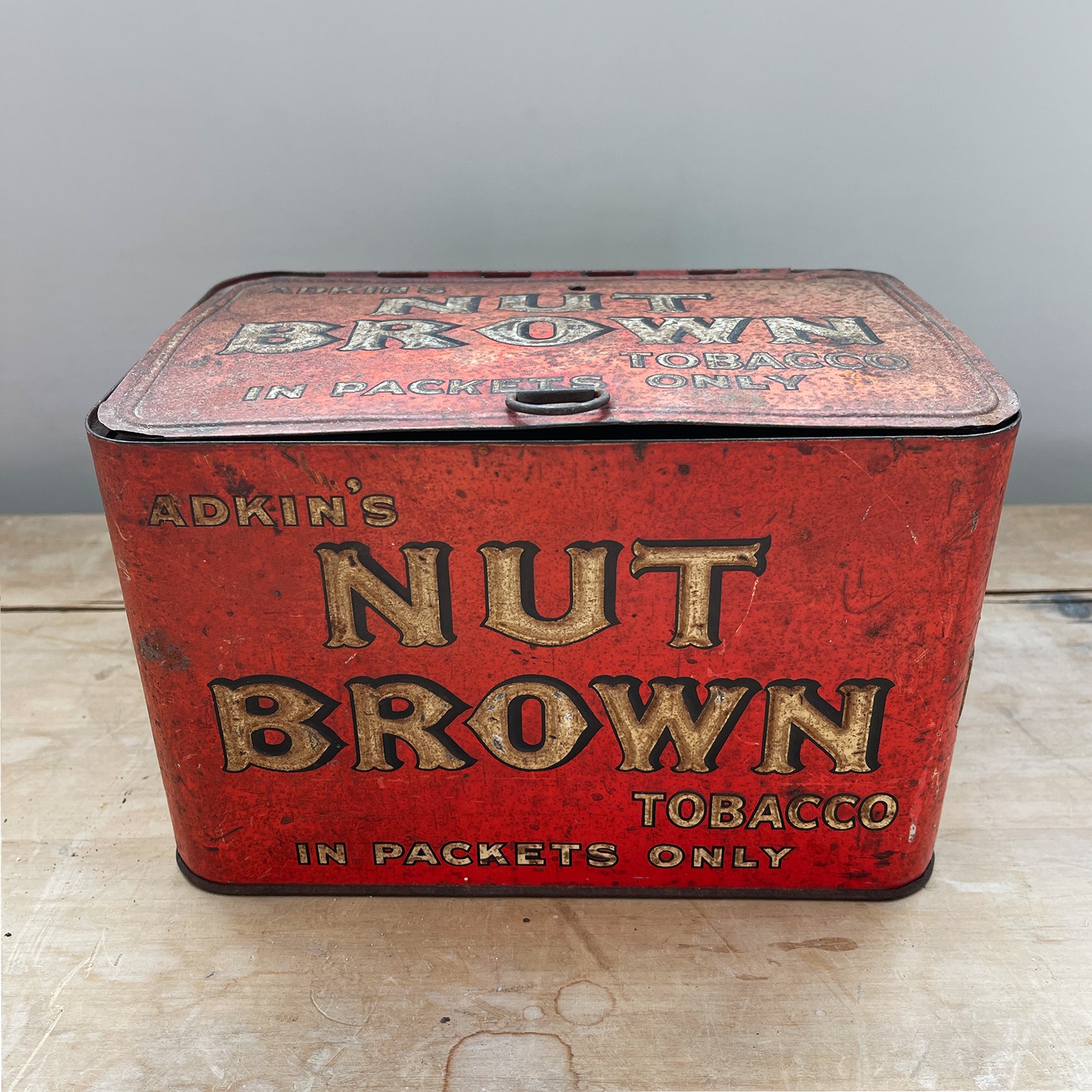 A large Adkin's Nut Brown Counter Top Shop Tin. Great de-bossed typography to the sides and top, whilst the inside lid sees black type - SHOP NOW - www.intovintage.co.uk