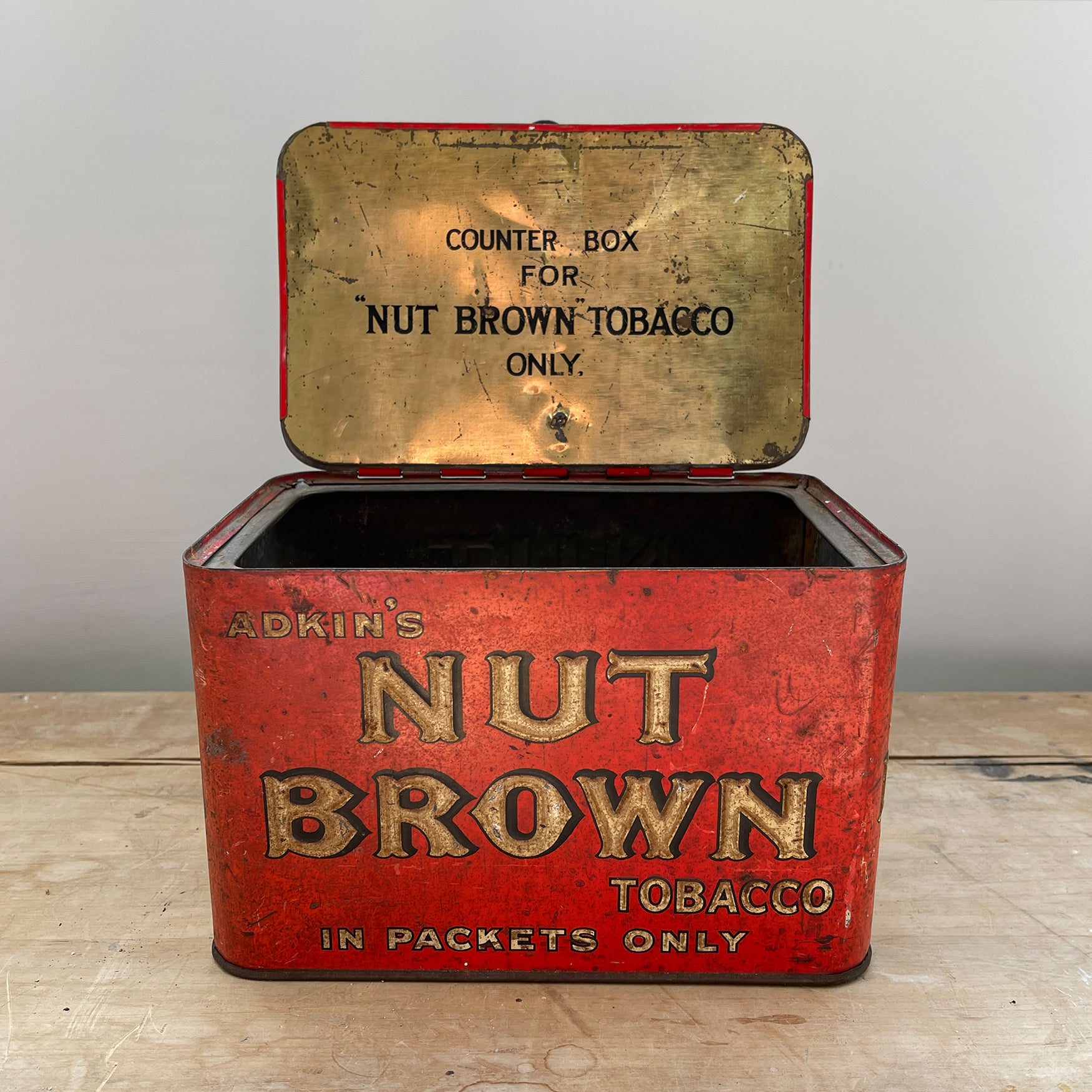 A large Adkin's Nut Brown Counter Top Shop Tin. Great de-bossed typography to the sides and top, whilst the inside lid sees black type - SHOP NOW - www.intovintage.co.uk