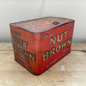 A large Adkin's Nut Brown Counter Top Shop Tin. Great de-bossed typography to the sides and top, whilst the inside lid sees black type - SHOP NOW - www.intovintage.co.uk