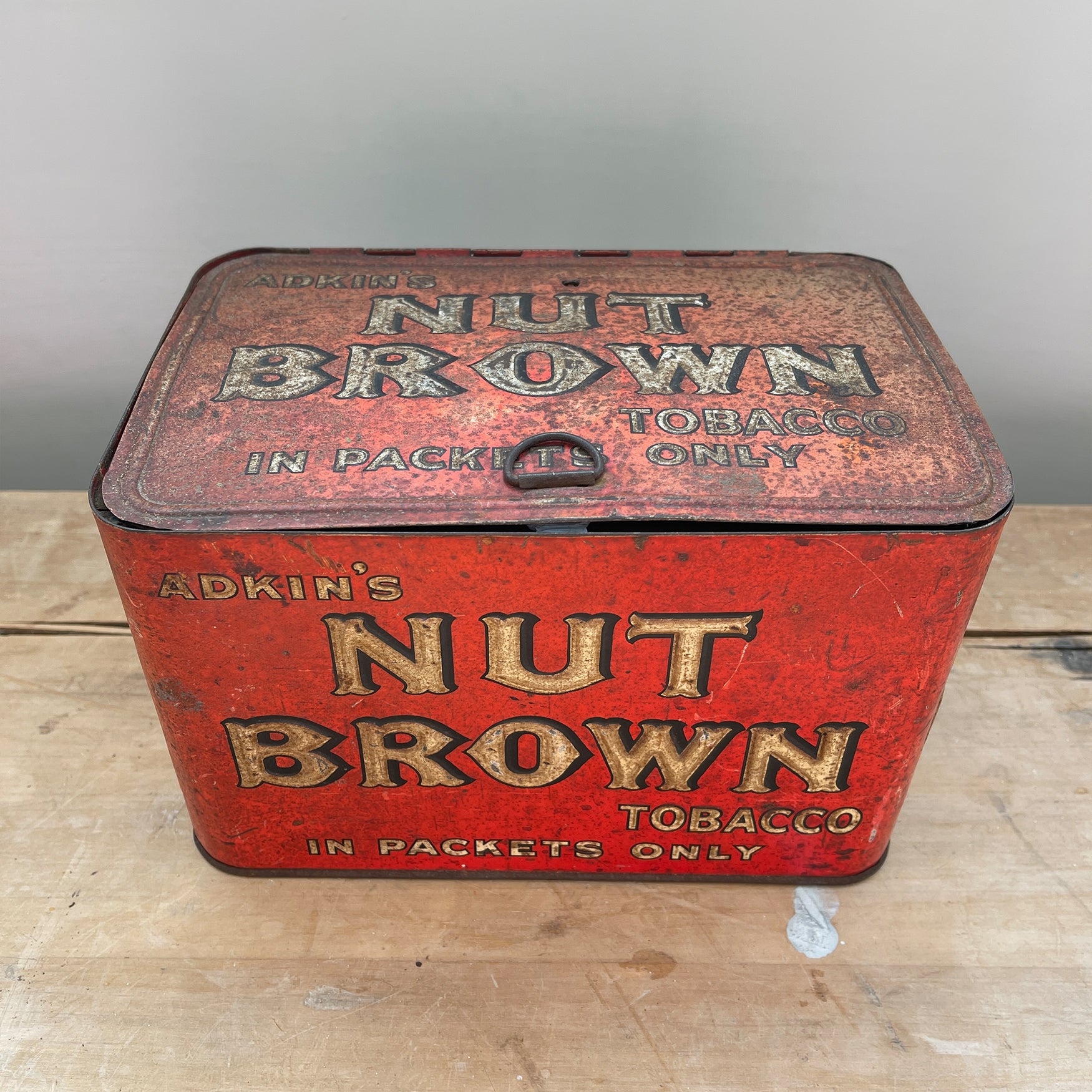 A large Adkin's Nut Brown Counter Top Shop Tin. Great de-bossed typography to the sides and top, whilst the inside lid sees black type - SHOP NOW - www.intovintage.co.uk