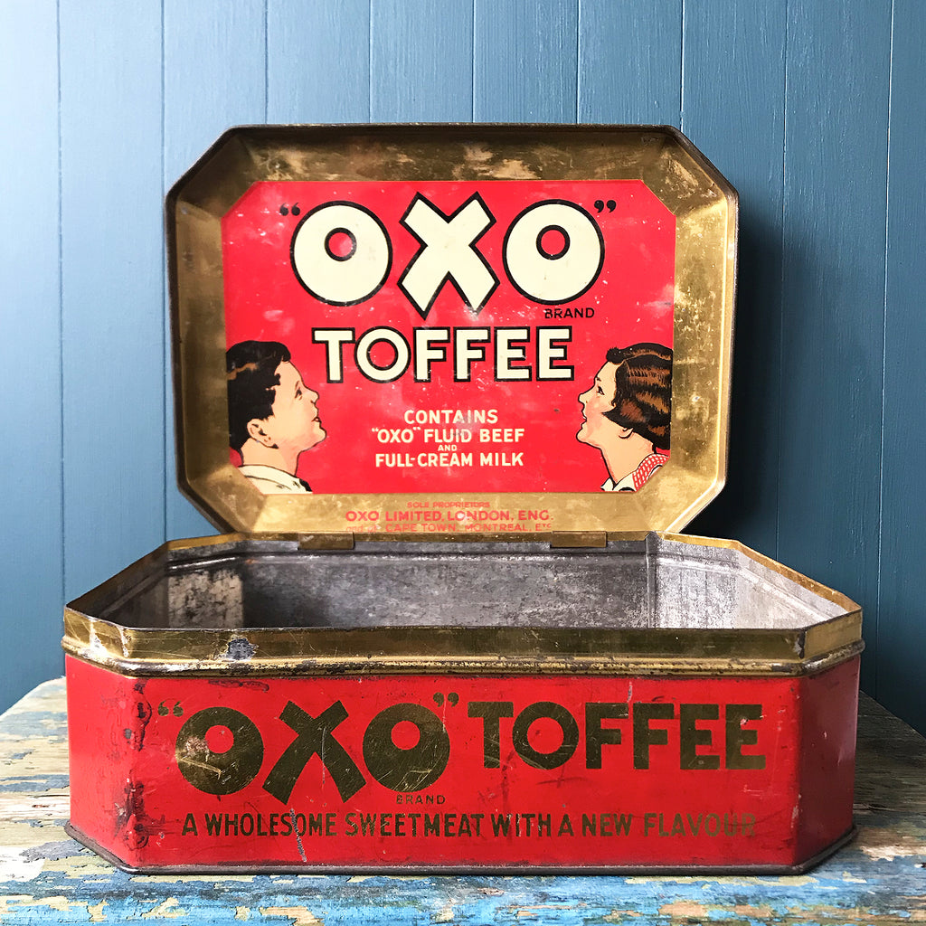 A rare OXO Toffee Tin made to hold the very short-lived product Oxo Toffee. The inside lid graphics state that the toffee&nbsp;"Contains Oxo Fluid Beef and Full-Cream Milk" - SHOP NOW - www.intovintage.co.uk