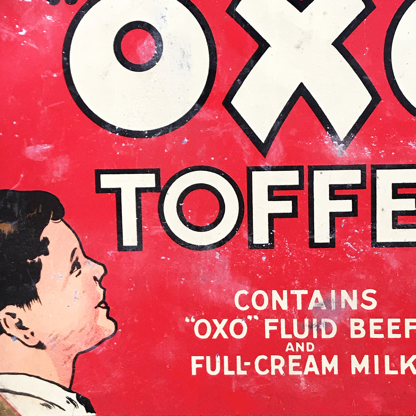 A rare OXO Toffee Tin made to hold the very short-lived product Oxo Toffee. The inside lid graphics state that the toffee&nbsp;"Contains Oxo Fluid Beef and Full-Cream Milk" - SHOP NOW - www.intovintage.co.uk