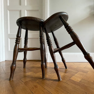 A Lovely pair of of Victorian Vernacular Elm and Beechwood stools with marvellous age and wear. Having ring turned legs and well worn seats. A great looking pair of stools that would compliment and setting - SHOP NOW - www.intovintage.co.uk
