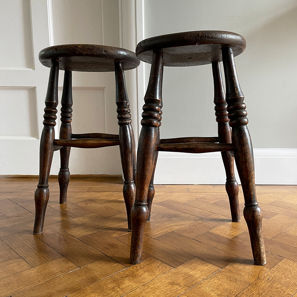 A Lovely pair of of Victorian Vernacular Elm and Beechwood stools with marvellous age and wear. Having ring turned legs and well worn seats. A great looking pair of stools that would compliment and setting - SHOP NOW - www.intovintage.co.uk
