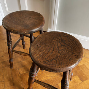 A Lovely pair of of Victorian Vernacular Elm and Beechwood stools with marvellous age and wear. Having ring turned legs and well worn seats. A great looking pair of stools that would compliment and setting - SHOP NOW - www.intovintage.co.uk