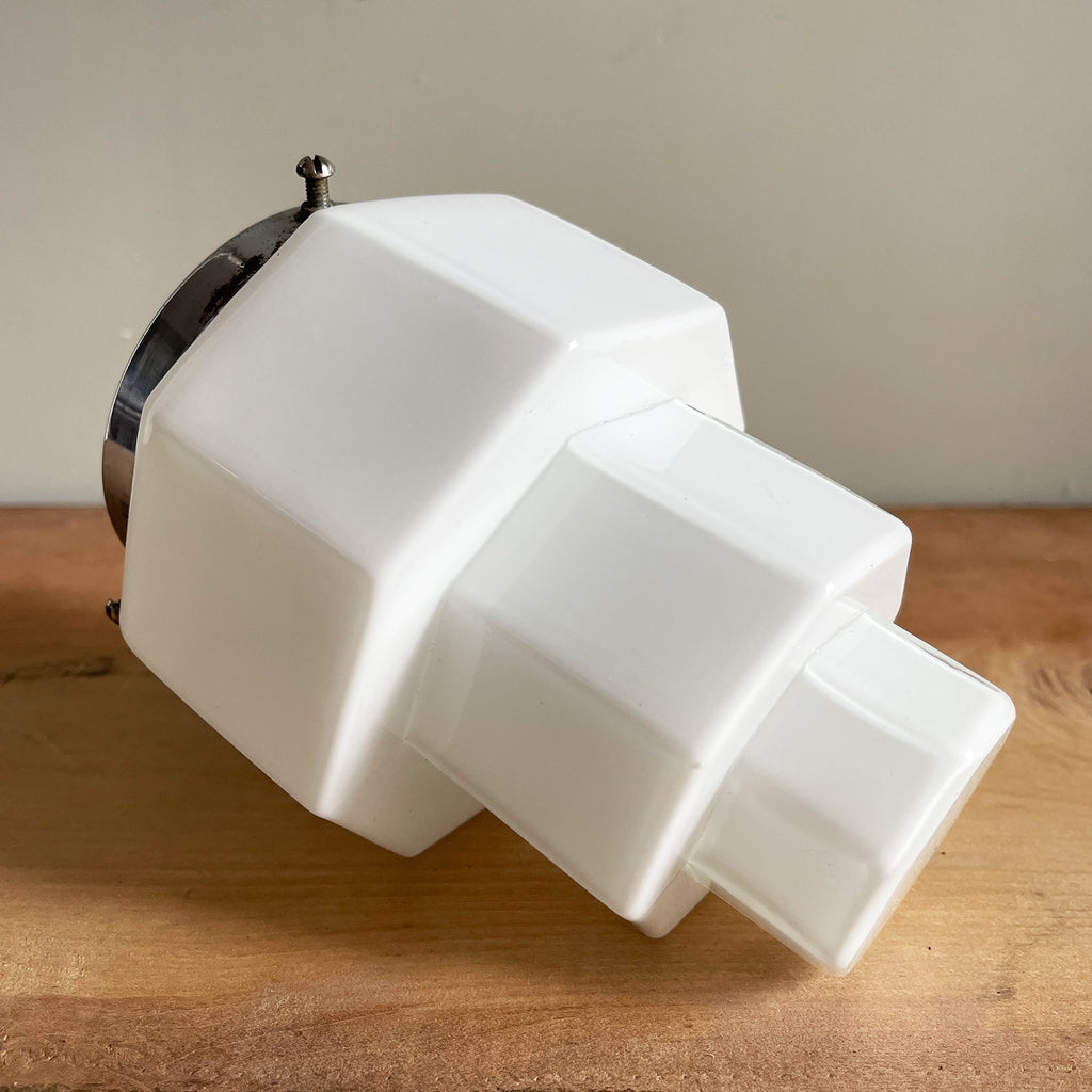 This Art Deco Odeon Style Pendant lamp oozes 30's style with its stepped geometric opaline shade and brass gallery, bringing a sense of deco glamour to any porch or hallway it is hung in - SHOP NOW - www.intovintage.co.uk